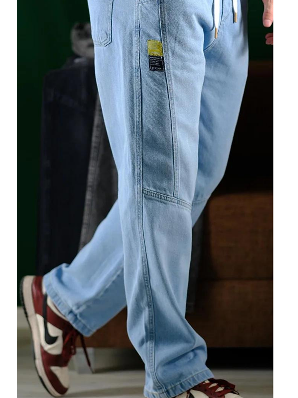 Erkek Mavi Bel Lastikli Bağcıklı Baggy Fit Jean Pantolon-1