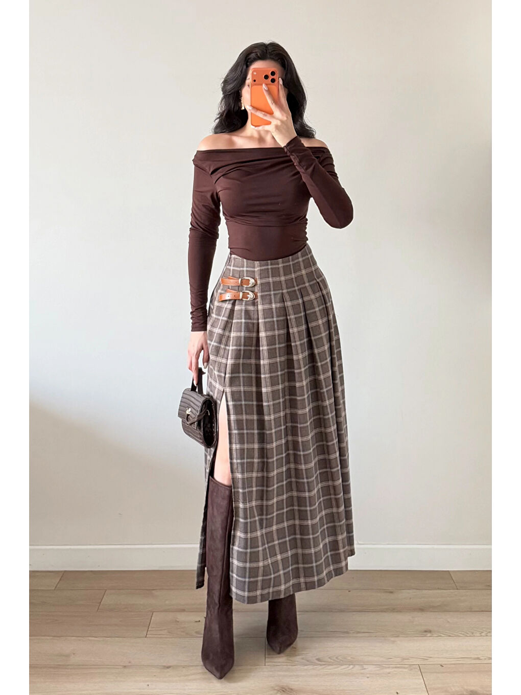 Kahverengi Kadın Kahve Ekose Etek 6831-1