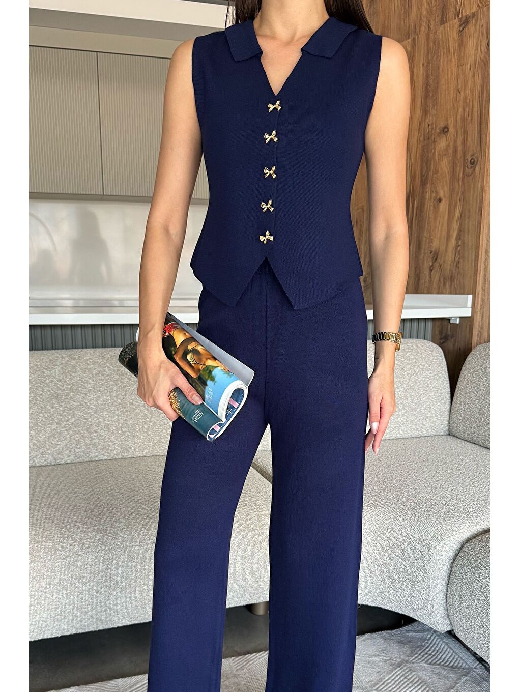 Lacivert Gömlek Yaka Yelek Pantolon Triko İkili Takım-1