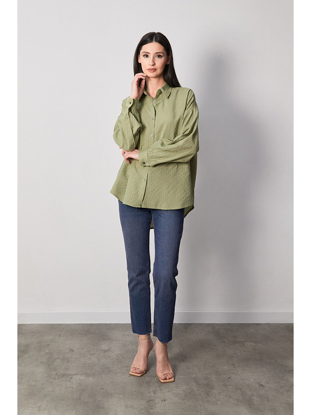 Haki Çizgili Arkası Uzun Salaş Gömlek-1