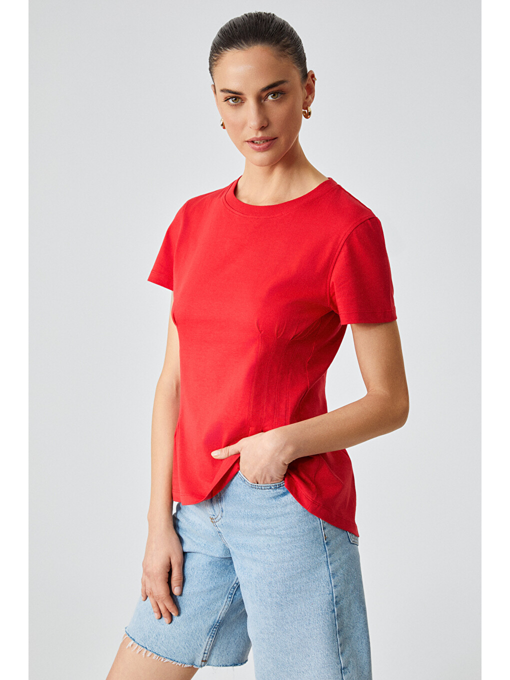Kırmızı JESSIA Kadın Korse Detaylı %100 Organik Pamuk Bisiklet Yaka KIRMIZI T-Shirt-3