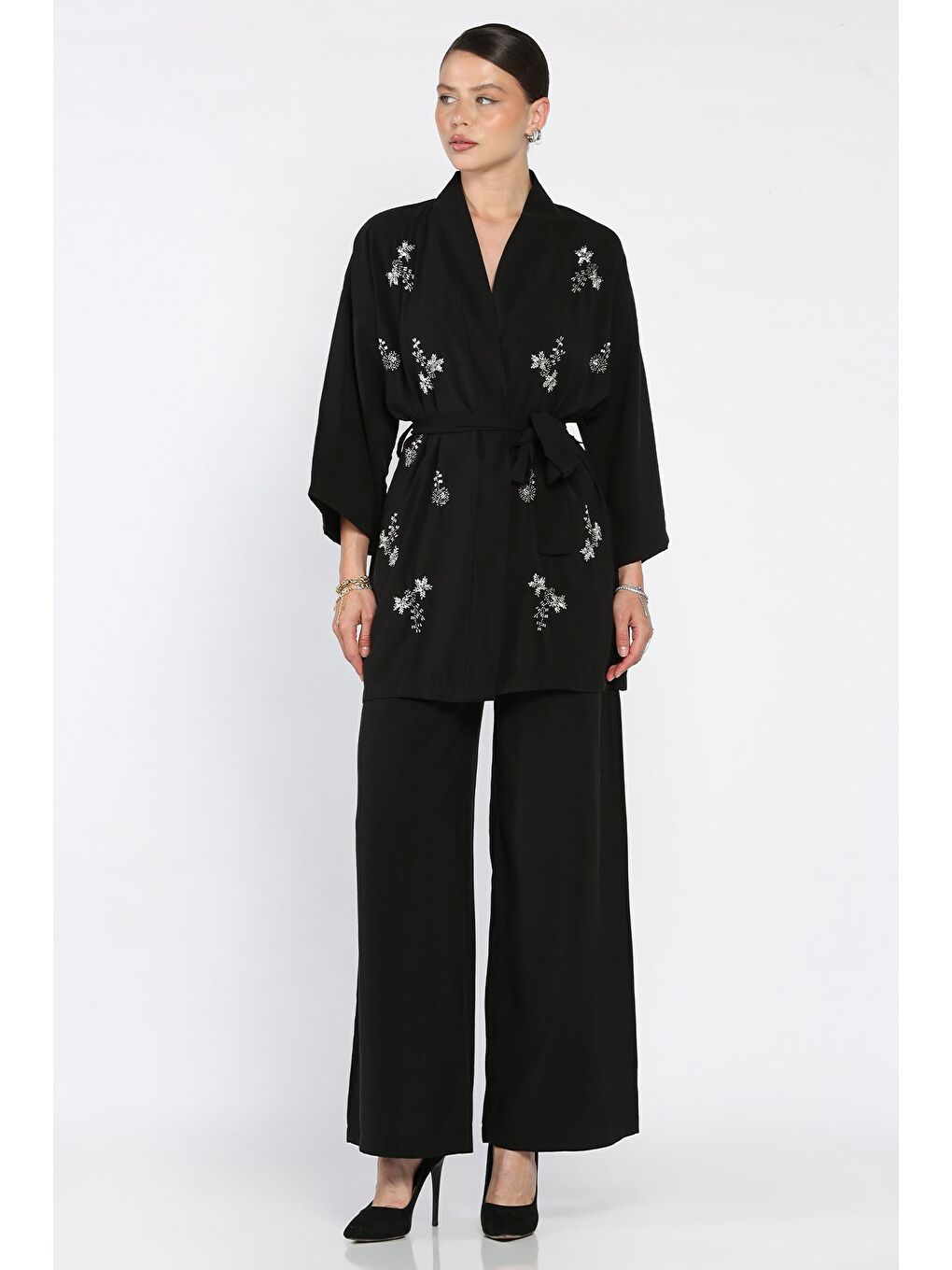 Siyah Taşlı Kimono Pantolon İkili Takım