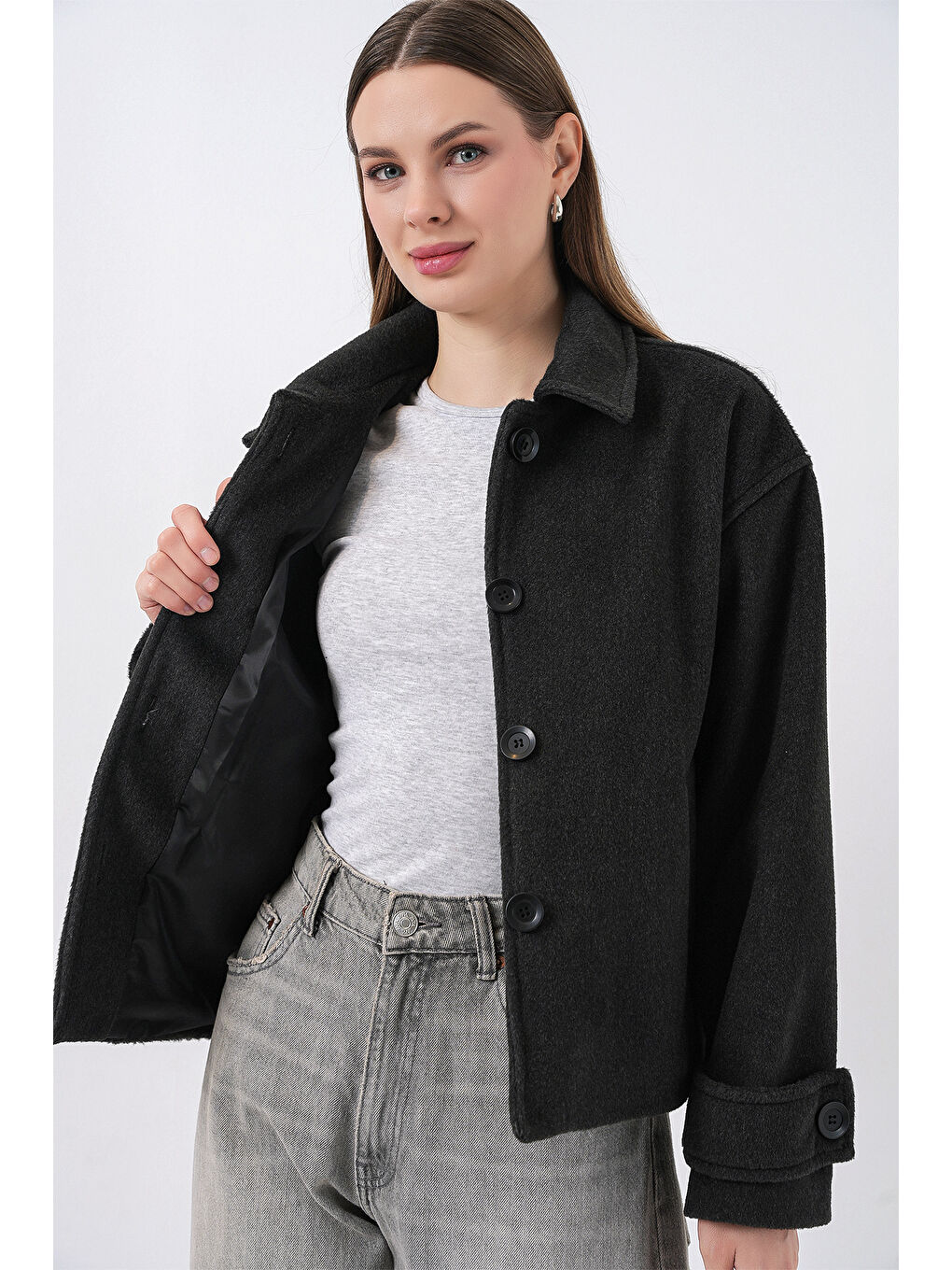 Gri Kadın Kısa Kaşe Ceket 0724 - Füme-4