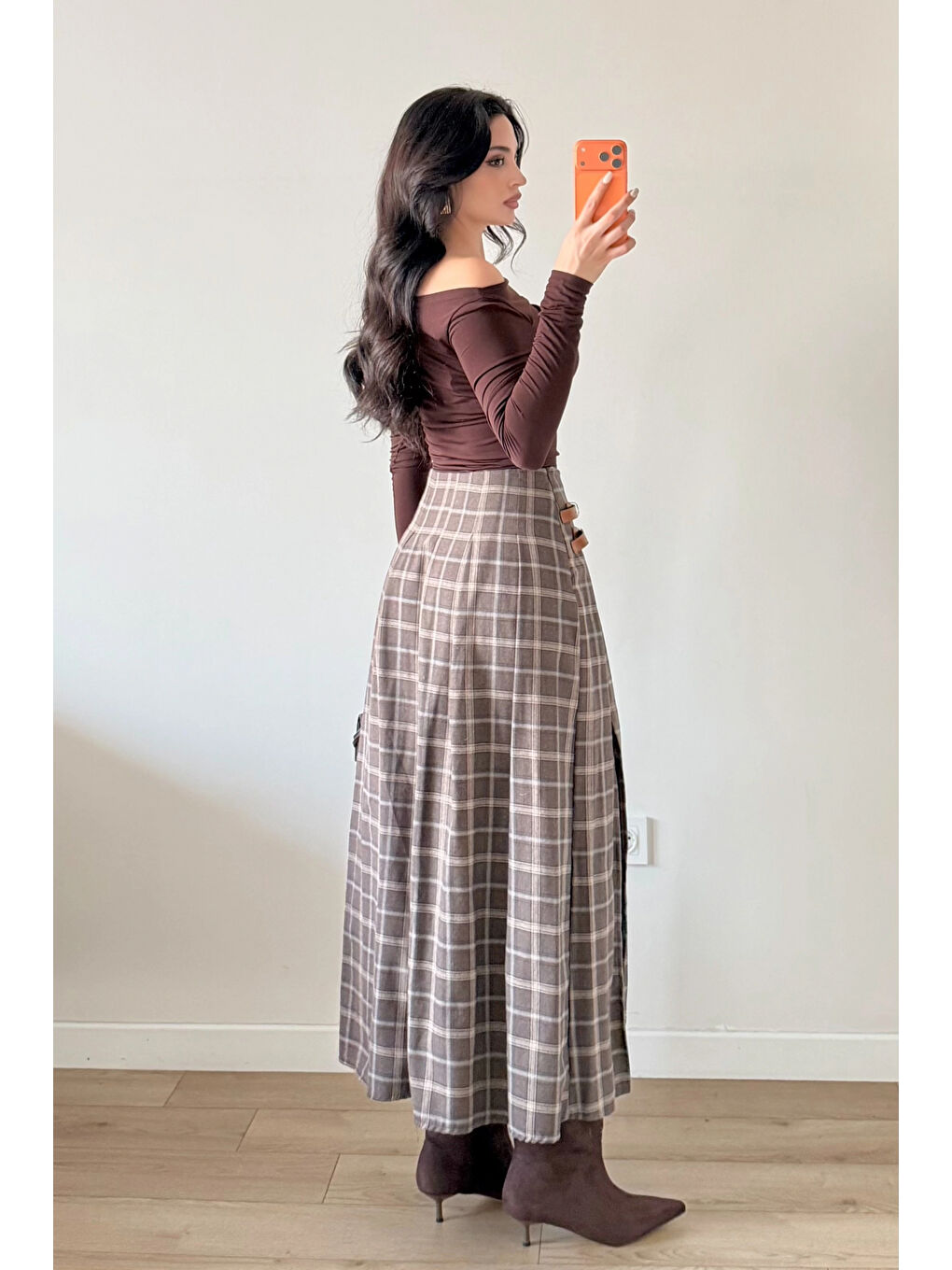 Kahverengi Kadın Kahve Ekose Etek 6831-2