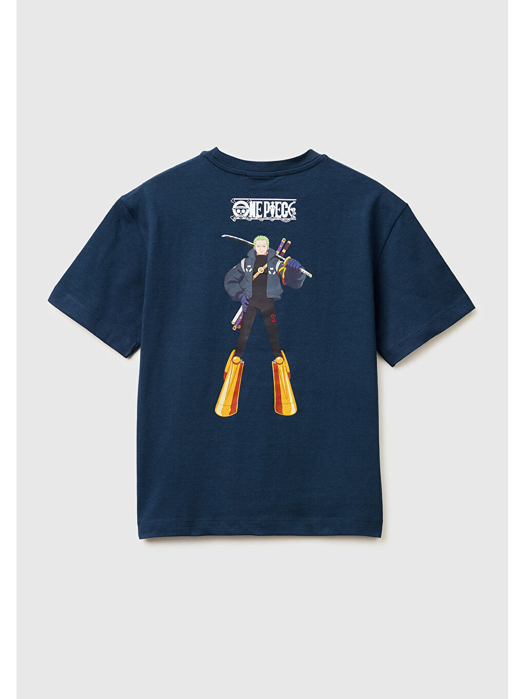 Erkek Çocuk Koyu Lacivert Önü ve Arkası One Piece Baskılı Bisiklet Yaka T-Shirt-1