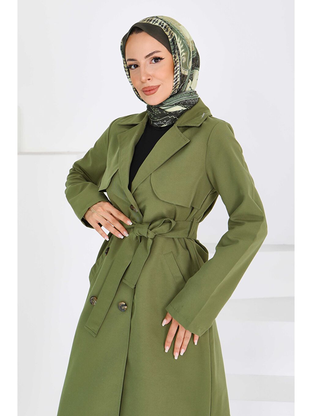 Düğmeli Kuşaklı Miranda Trençkot Haki - 27605