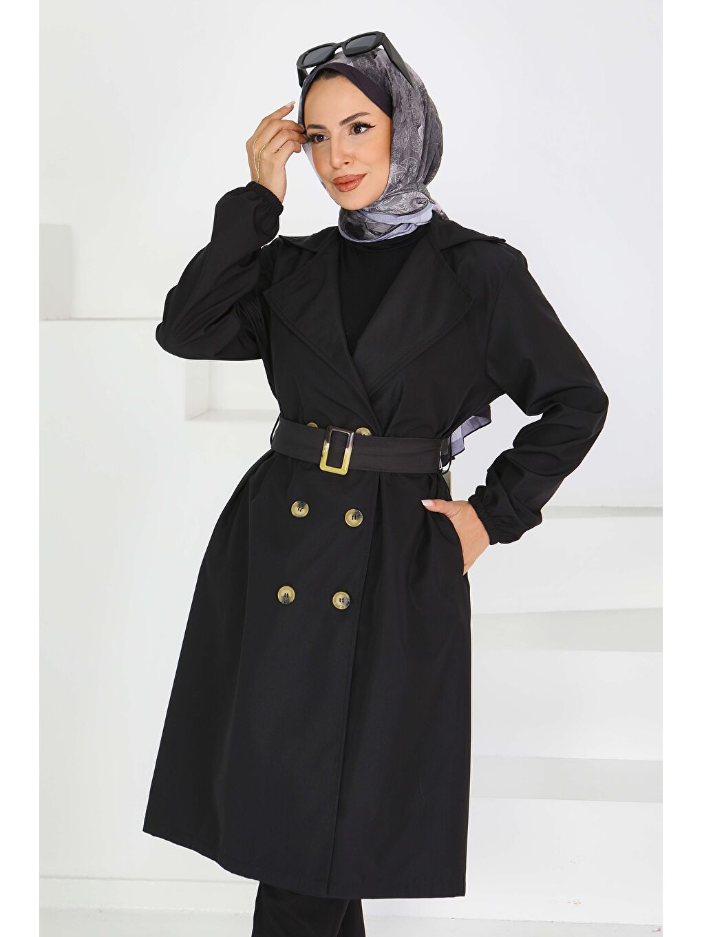 Düğmeli Kuşaklı Miranda Trençkot Siyah - 27614-1