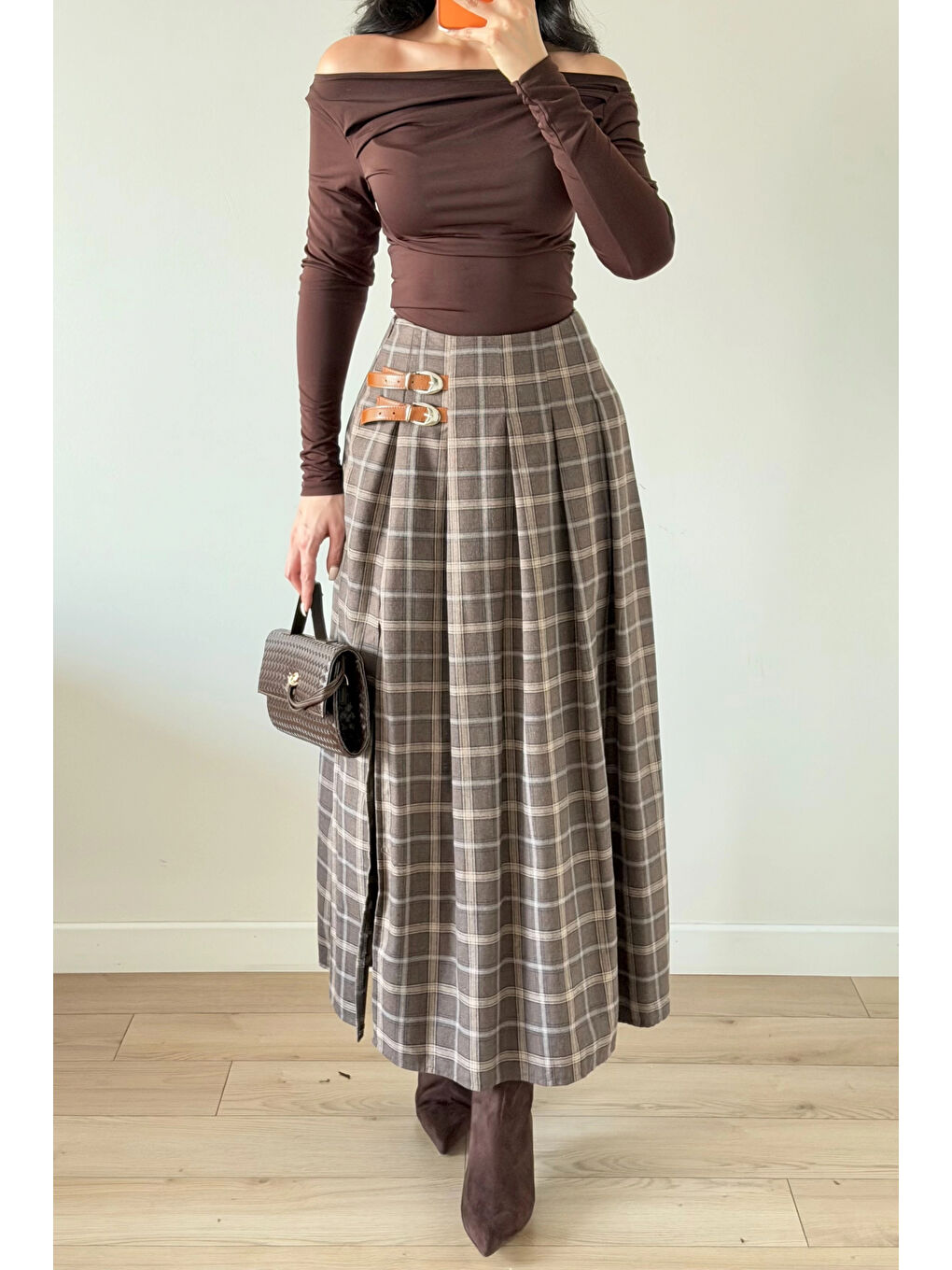 Kahverengi Kadın Kahve Ekose Etek 6831-3