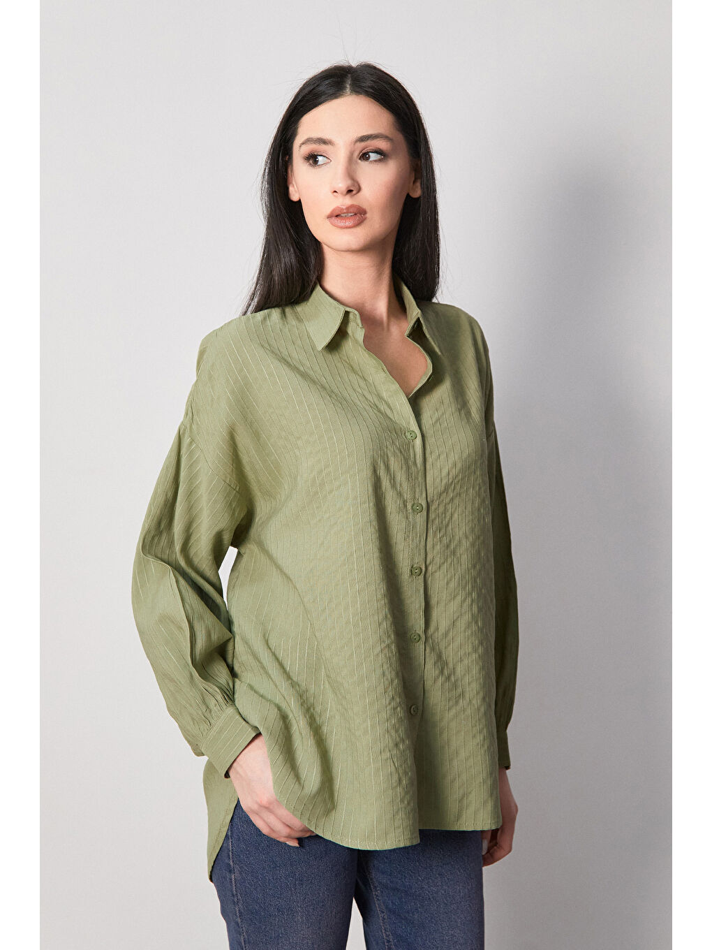 Haki Çizgili Arkası Uzun Salaş Gömlek-2