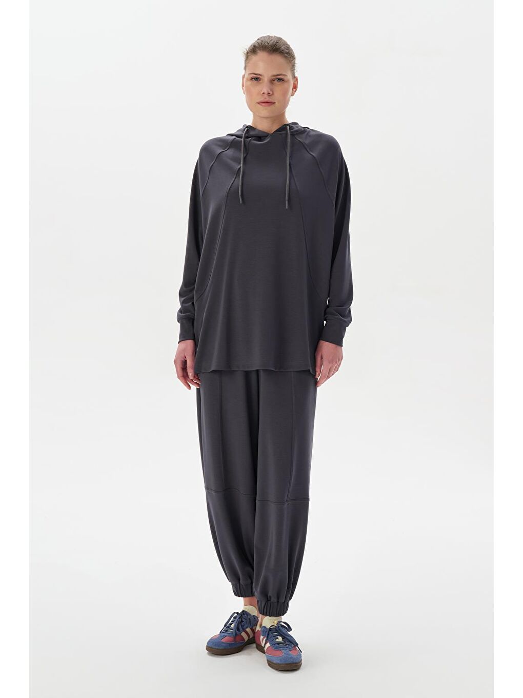 Gri Modal Örme Kapüşonlu Swetshirt Füme