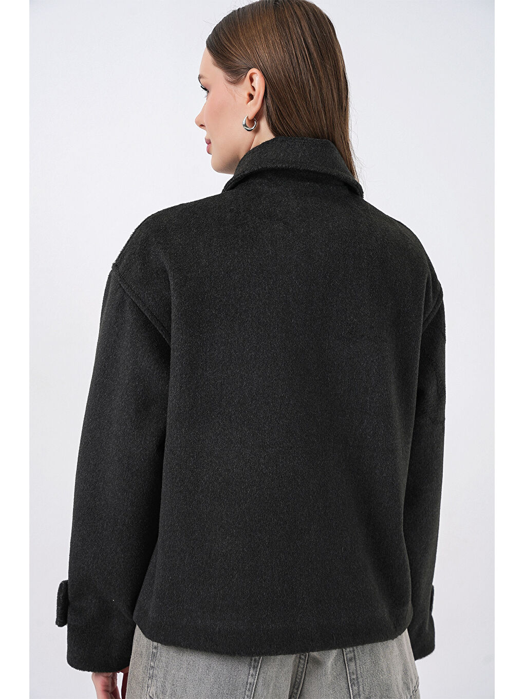 Gri Kadın Kısa Kaşe Ceket 0724 - Füme-6