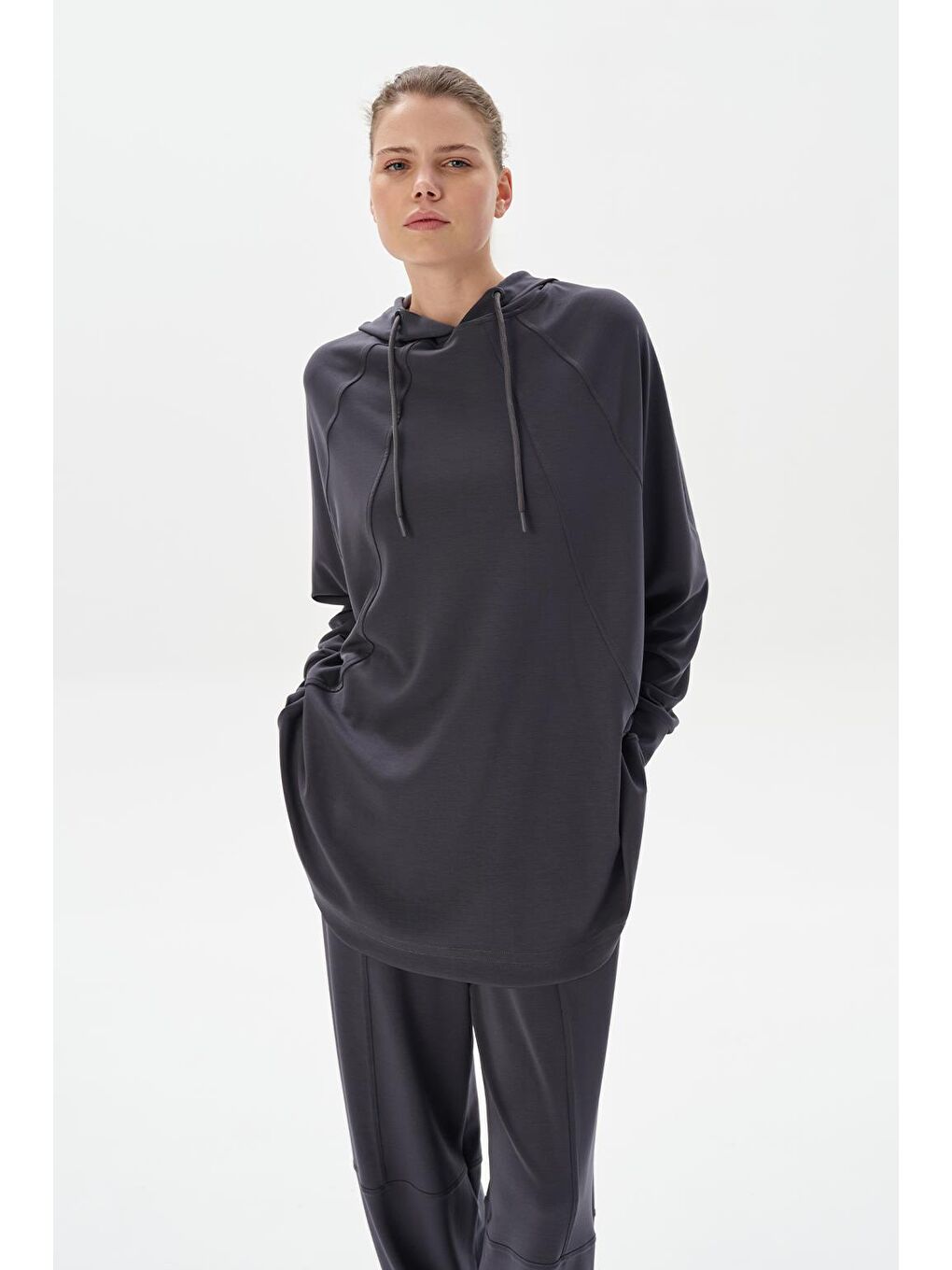 Gri Modal Örme Kapüşonlu Swetshirt Füme-1