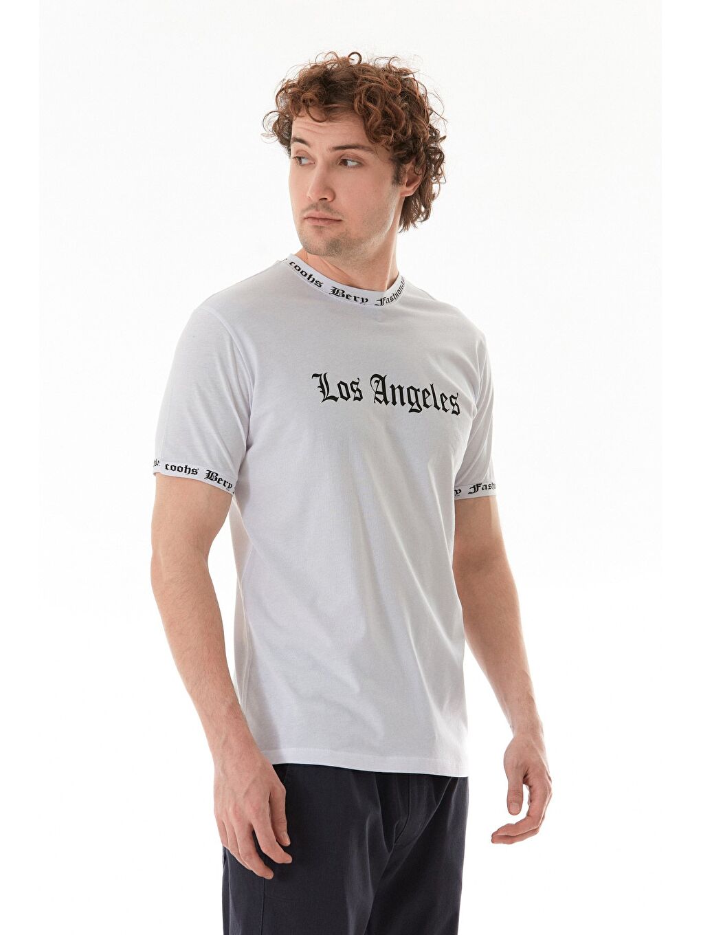 Beyaz Los Angeles Baskılı Bisiklet Yaka Tişört-4