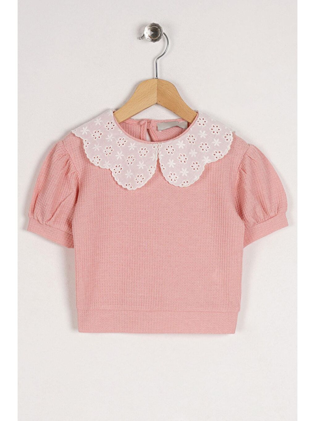 Pembe Bebe Yaka Dantelli Mini Kareli Kız Çocuk Tişört