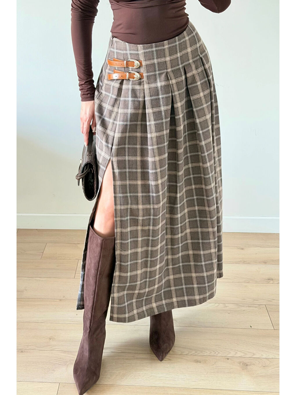 Kahverengi Kadın Kahve Ekose Etek 6831-4
