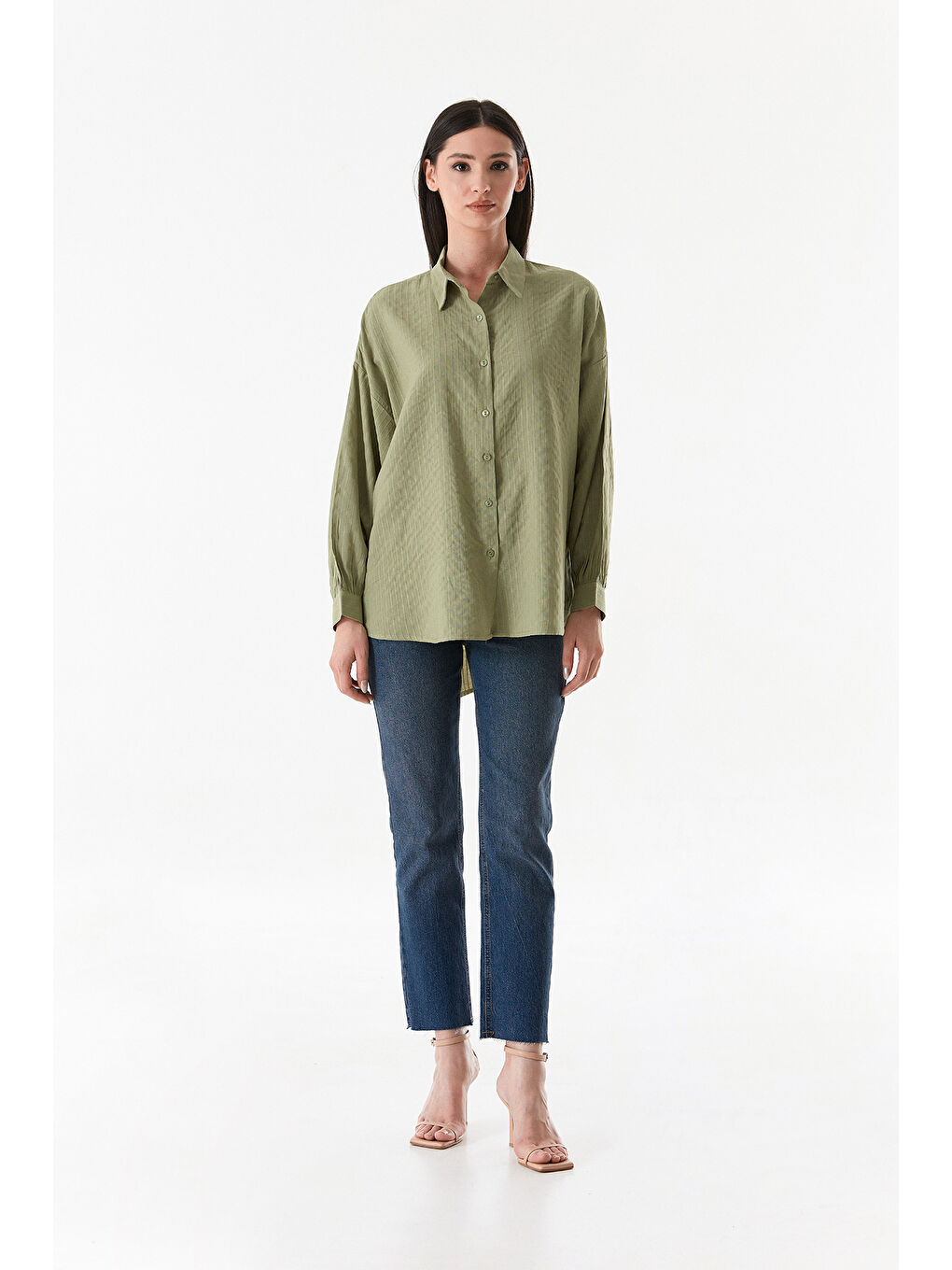 Haki Çizgili Arkası Uzun Salaş Gömlek-3