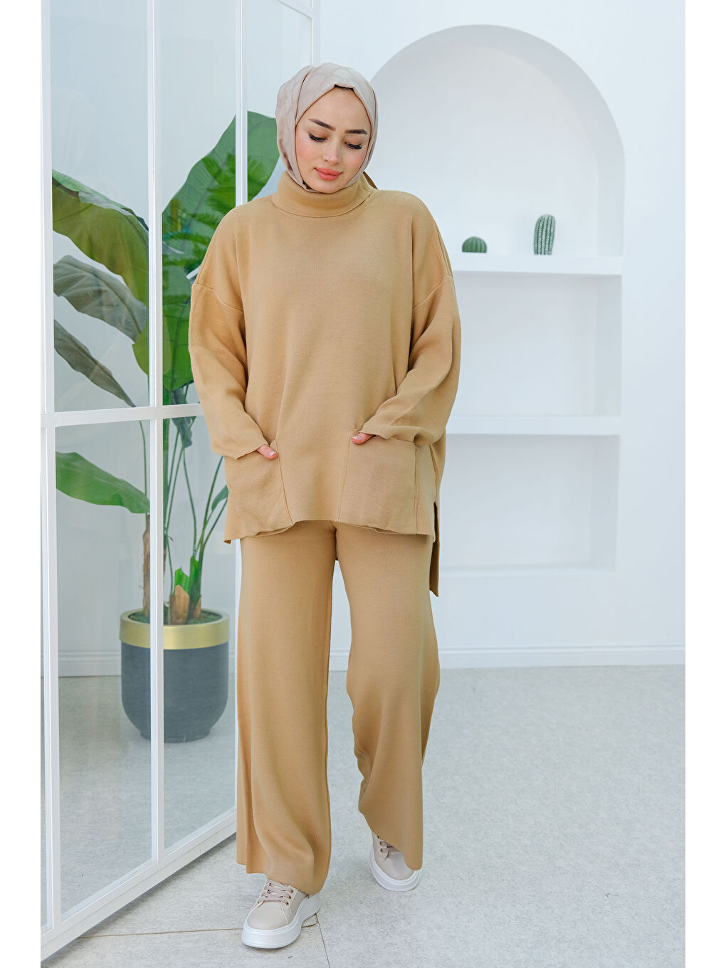 Balıkçı Yaka Cep Detaylı Takım Bej-3