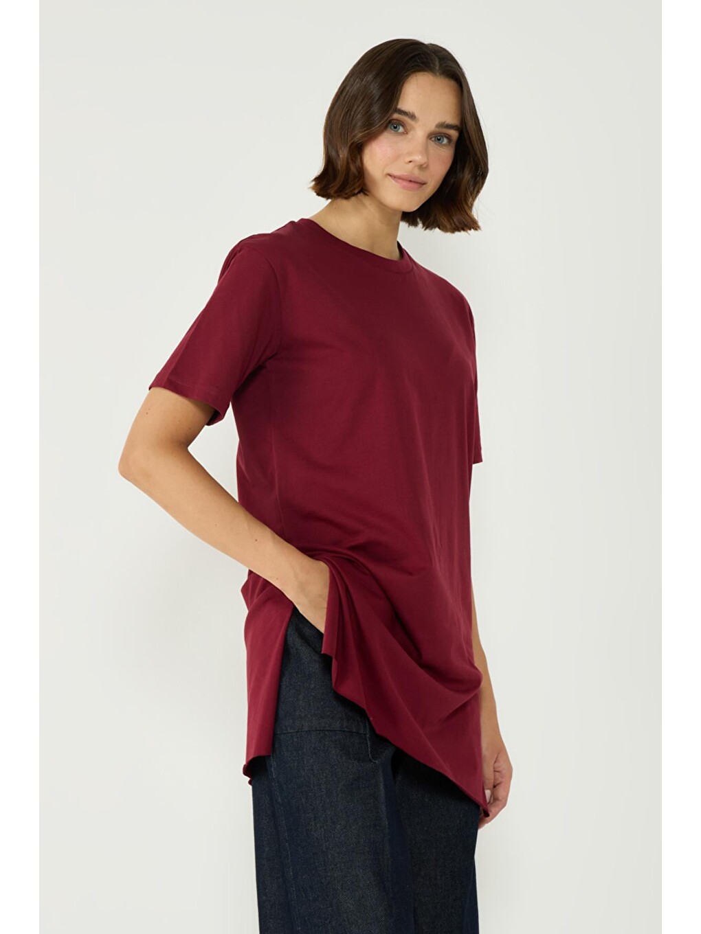 Bisiklet Yaka Yarım Kol Yırtmaçlı 2'Li Uzun T-Shirt 963 Bordo/Kiremit-2