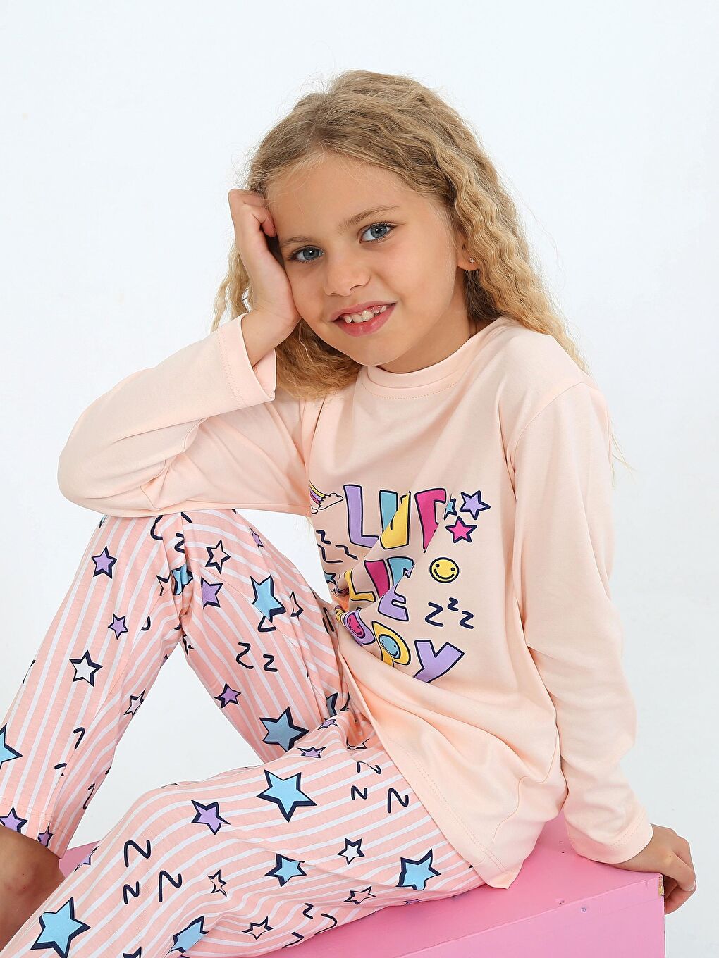 Pembe Kız Çocuk Uzun Kollu %100 Pamuklu Pijama Takımı Happy Life