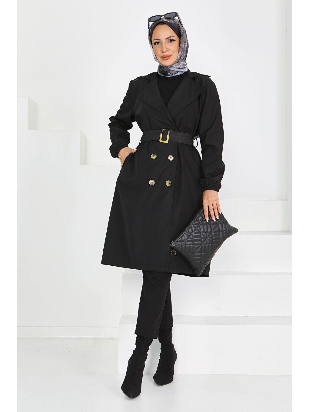 Düğmeli Kuşaklı Miranda Trençkot Siyah - 27614-2