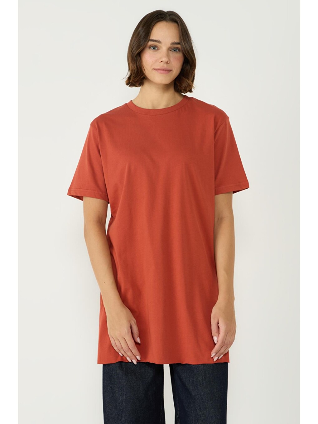 Bisiklet Yaka Yarım Kol Yırtmaçlı 2'Li Uzun T-Shirt 963 Bordo/Kiremit-3