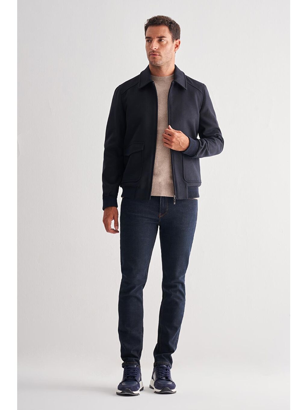 Koyu Lacivert Gömlek Yaka Casual Slim Fit Esnek Mont 1007255122-1