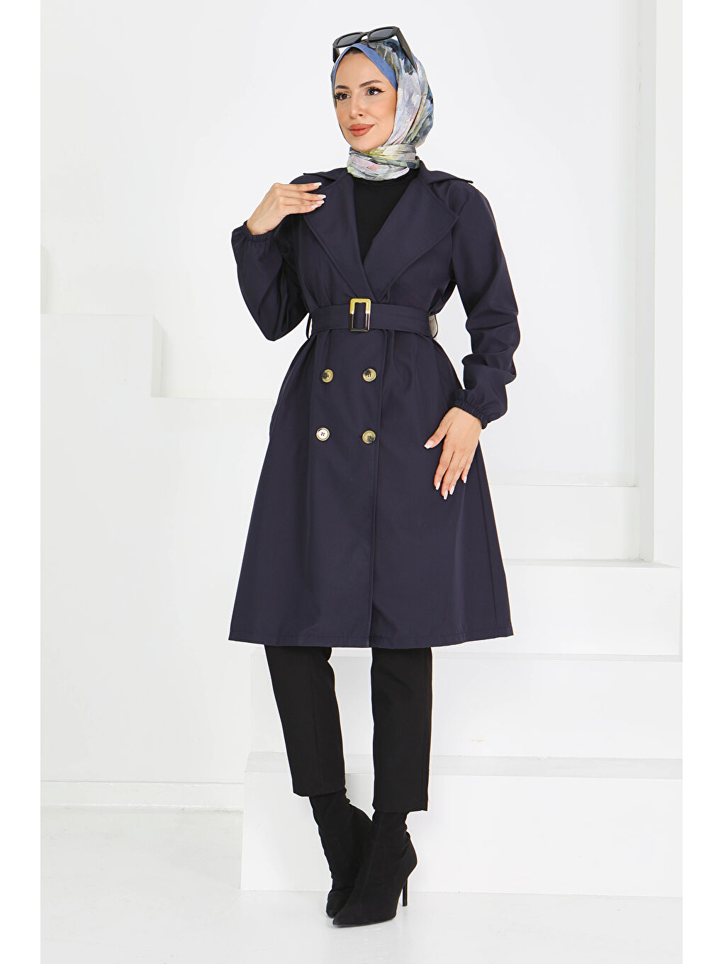 Düğmeli Kuşaklı Miranda Trençkot Lacivert - 27614
