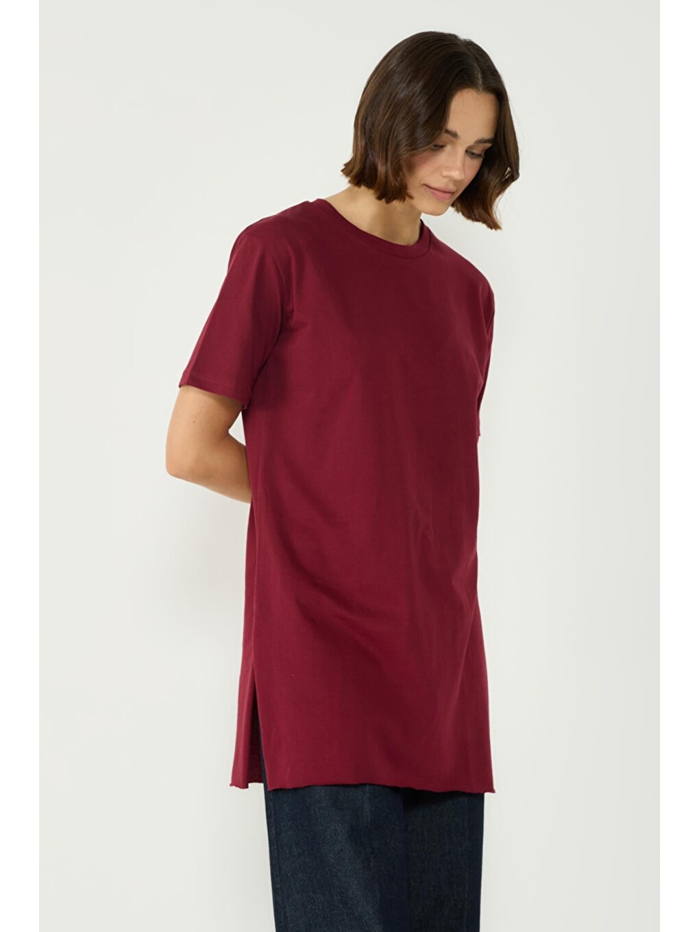 Bisiklet Yaka Yarım Kol Yırtmaçlı 2'Li Uzun T-Shirt 963 Bordo/Kiremit-4