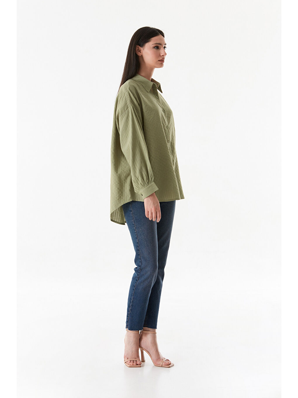 Haki Çizgili Arkası Uzun Salaş Gömlek-4