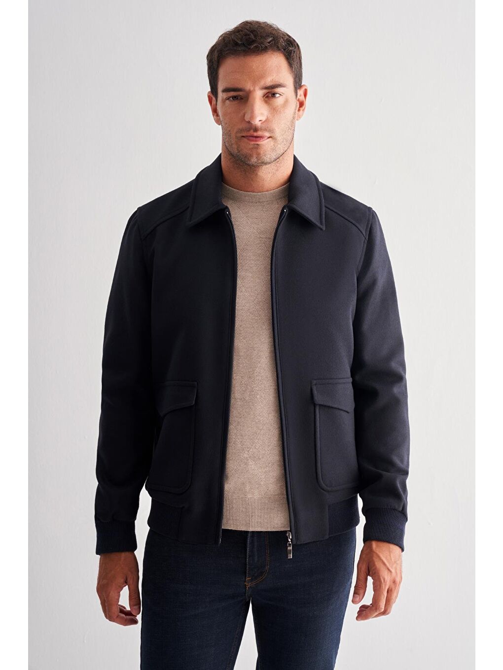 Koyu Lacivert Gömlek Yaka Casual Slim Fit Esnek Mont 1007255122-2