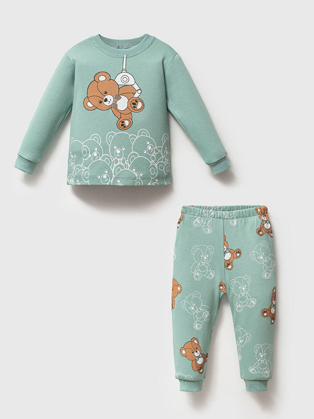 %100 Pamuklu Yeşil Ayıcıklı Çocuk Pijama Takımı 1-6 Yaş