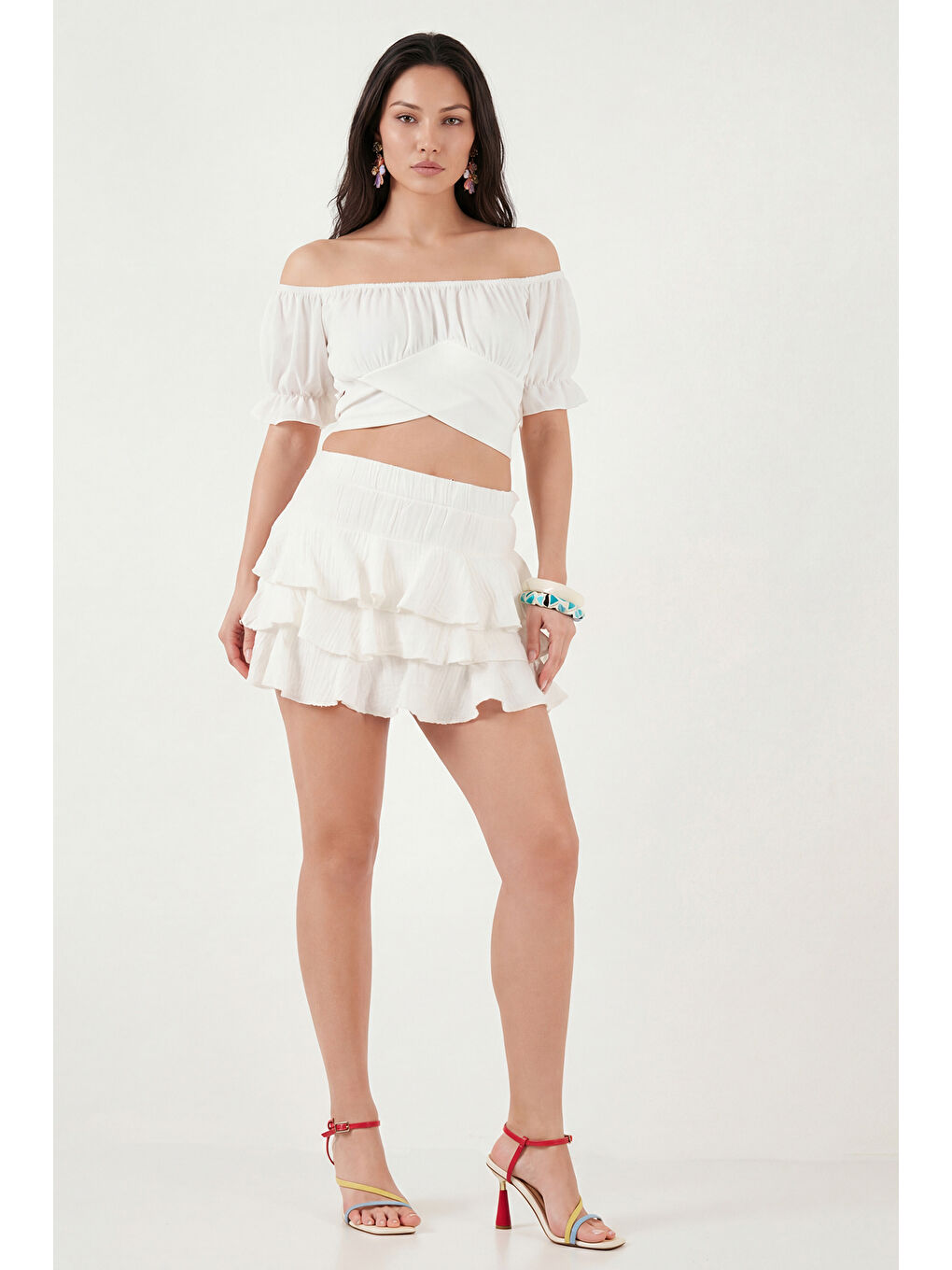 Ekru Pamuklu Regular Fit Fırfırlı Mini Müslin Şort Etek 5866662-3