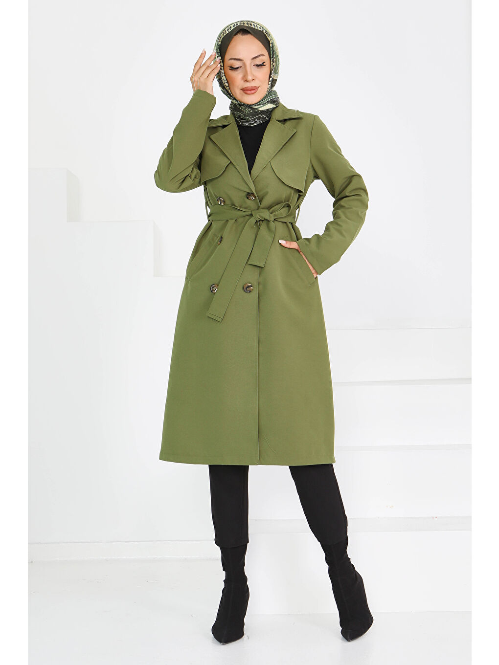 Düğmeli Kuşaklı Miranda Trençkot Haki - 27605-2