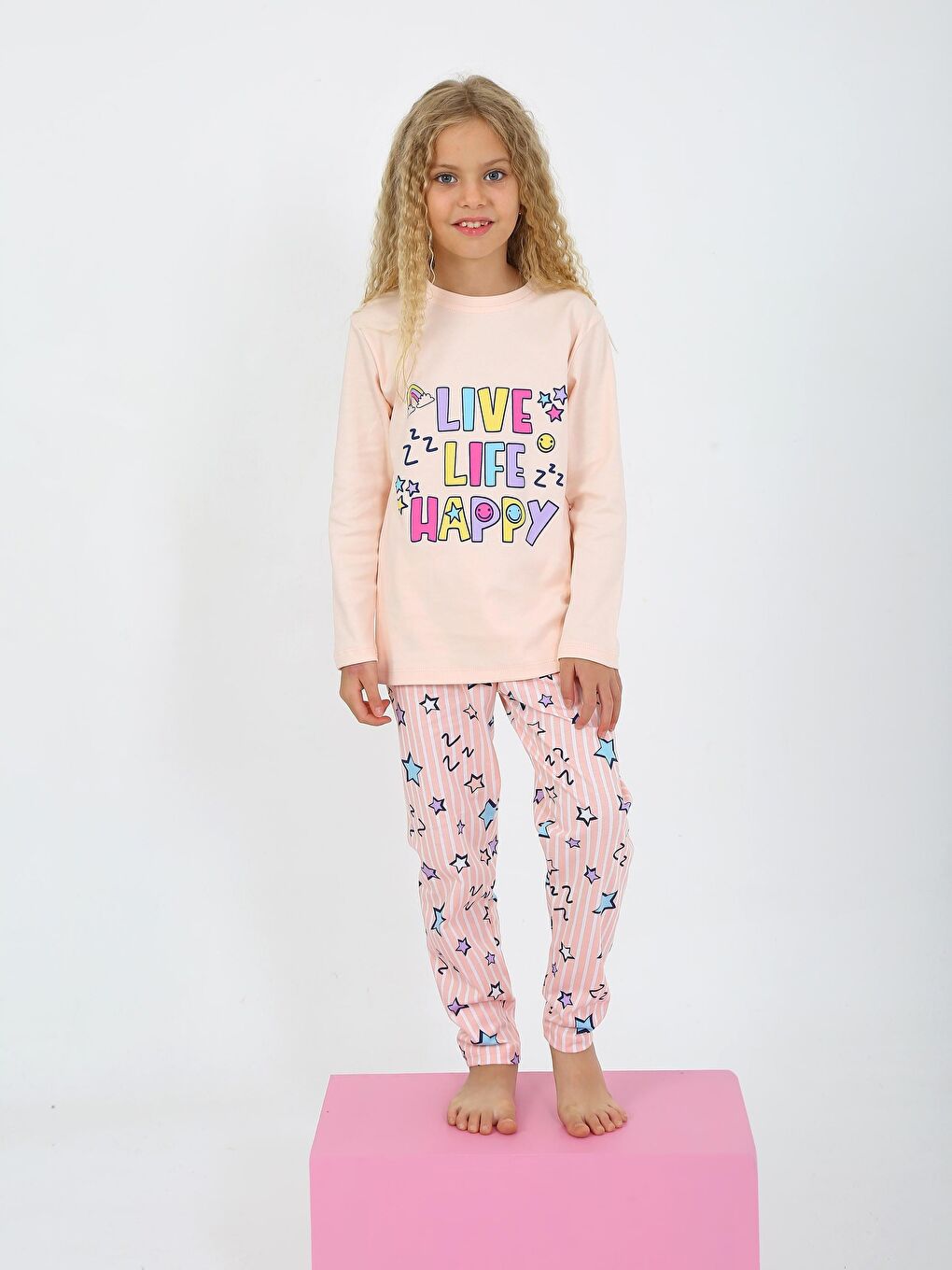 Pembe Kız Çocuk Uzun Kollu %100 Pamuklu Pijama Takımı Happy Life-1