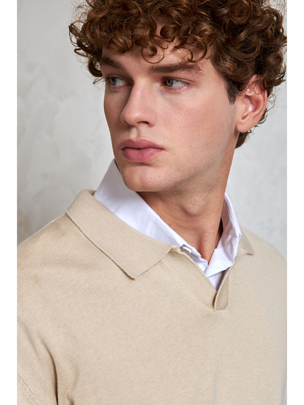 Ekru Erkek Pamuklu Polo Yaka Oversize Triko Kazak-2