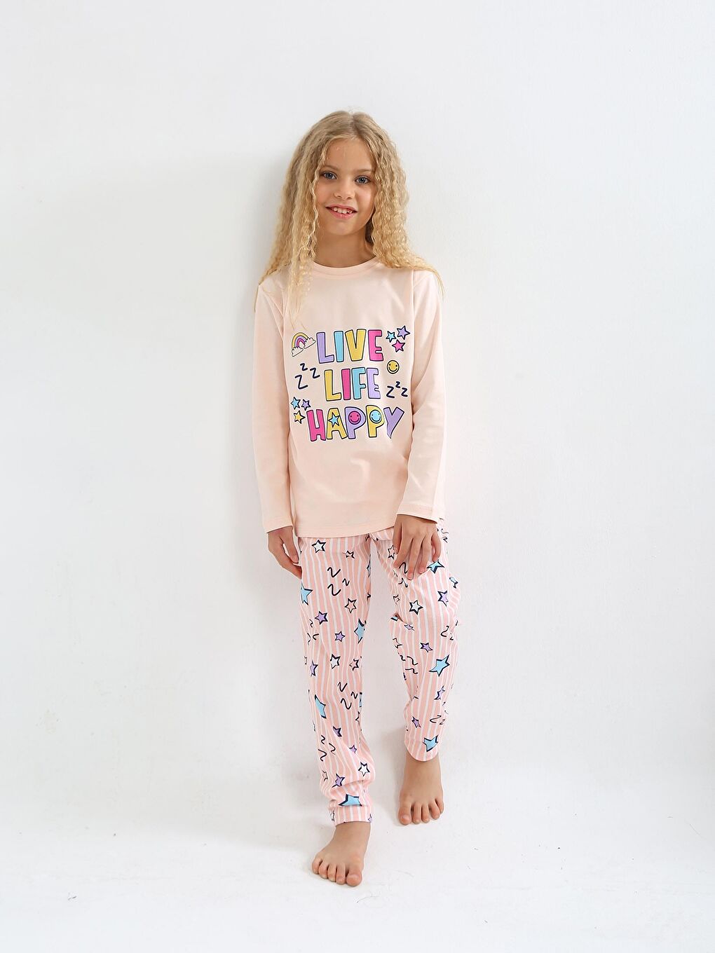 Pembe Kız Çocuk Uzun Kollu %100 Pamuklu Pijama Takımı Happy Life-2
