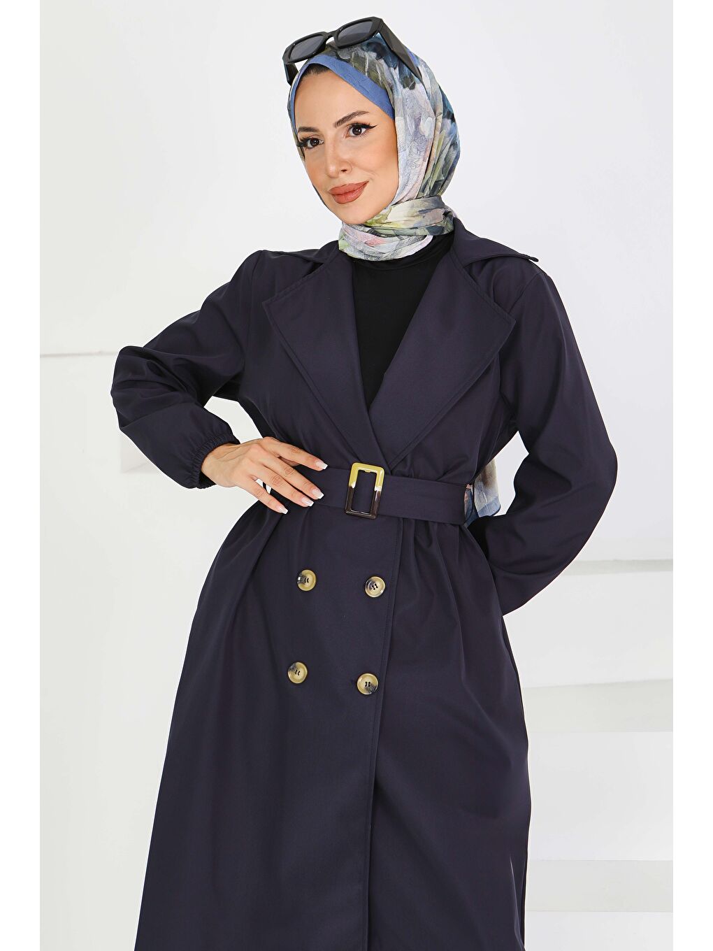 Düğmeli Kuşaklı Miranda Trençkot Lacivert - 27614-1