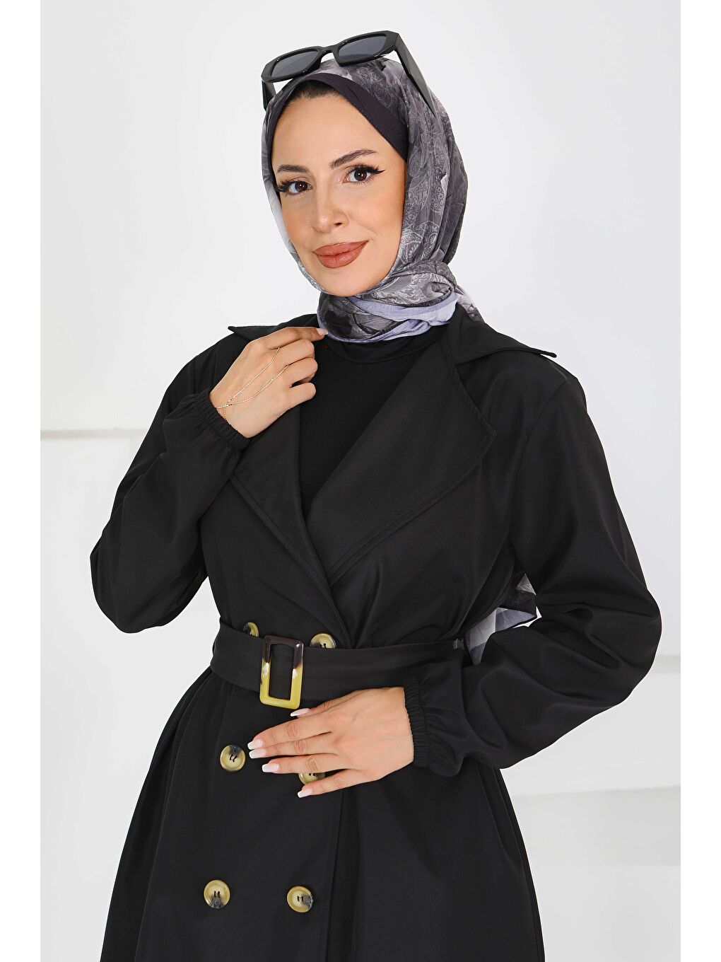 Düğmeli Kuşaklı Miranda Trençkot Siyah - 27614-3