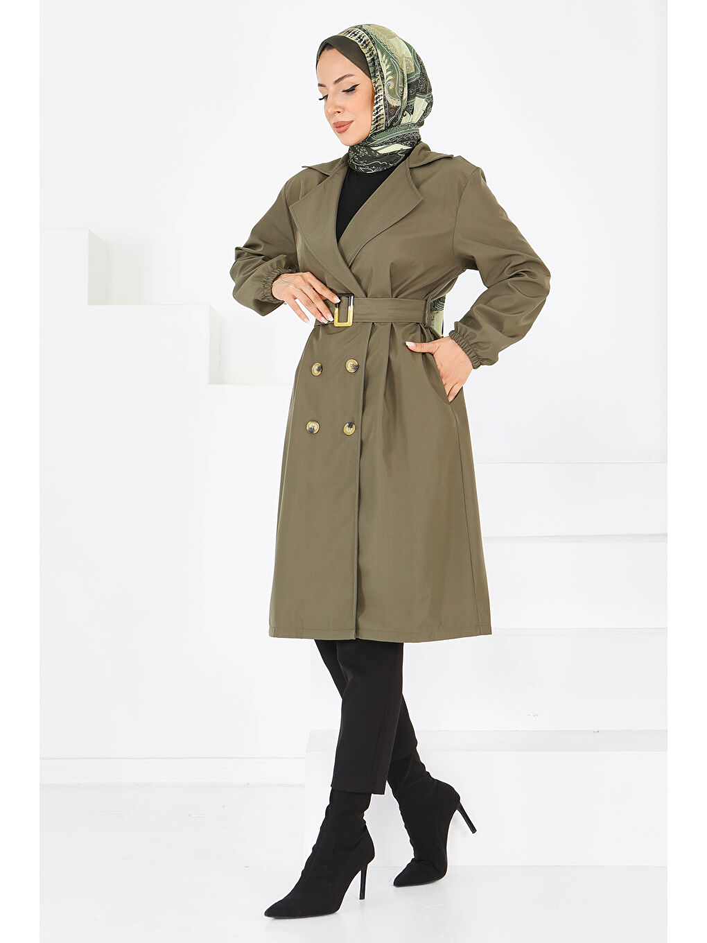 Düğmeli Kuşaklı Miranda Trençkot Haki - 27614