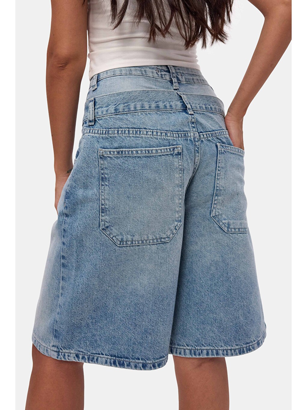 Mavi Kadın Jean Rengi 4s6-32 Baggy Fit Yüksek Bel Tasarım Denim Bermuda Şort-5