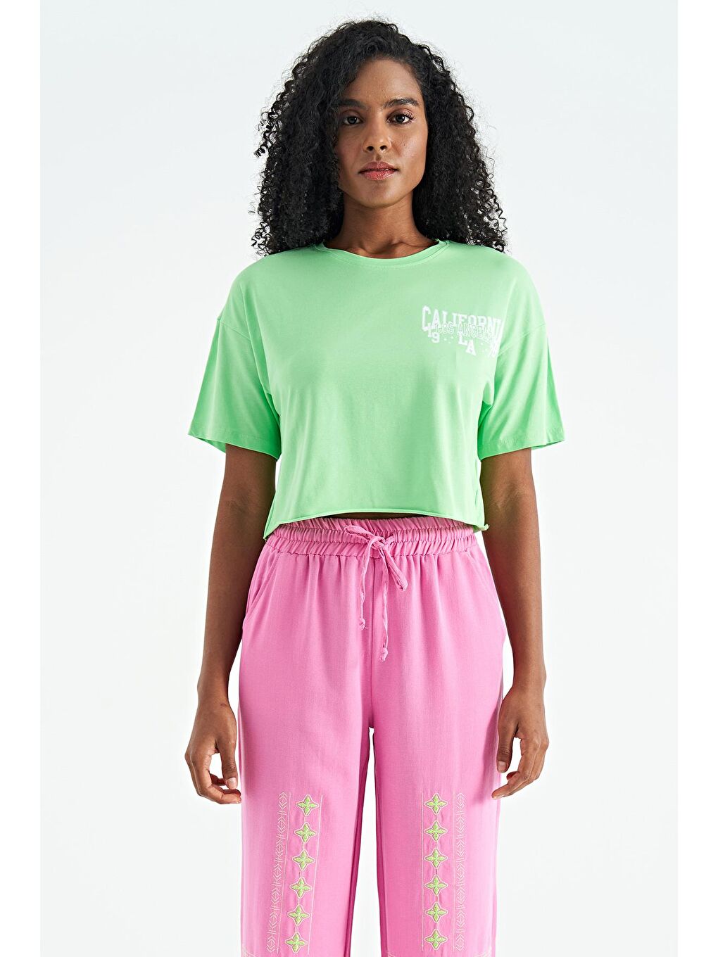 Veryperi Neonyeşil-Yeşil Neon Yeşil Baskılı Düşük Kol Detaylı Oversize Kadın Crop T-Shirt - 02179