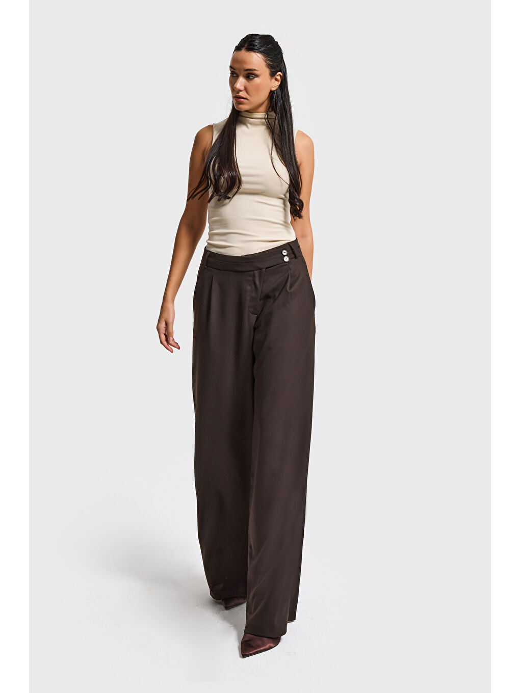 Kahverengi Kadın Acı Kahve s6-16 Neptun Kemer Detaylı Palazzo Fit Pileli Pantolon-3