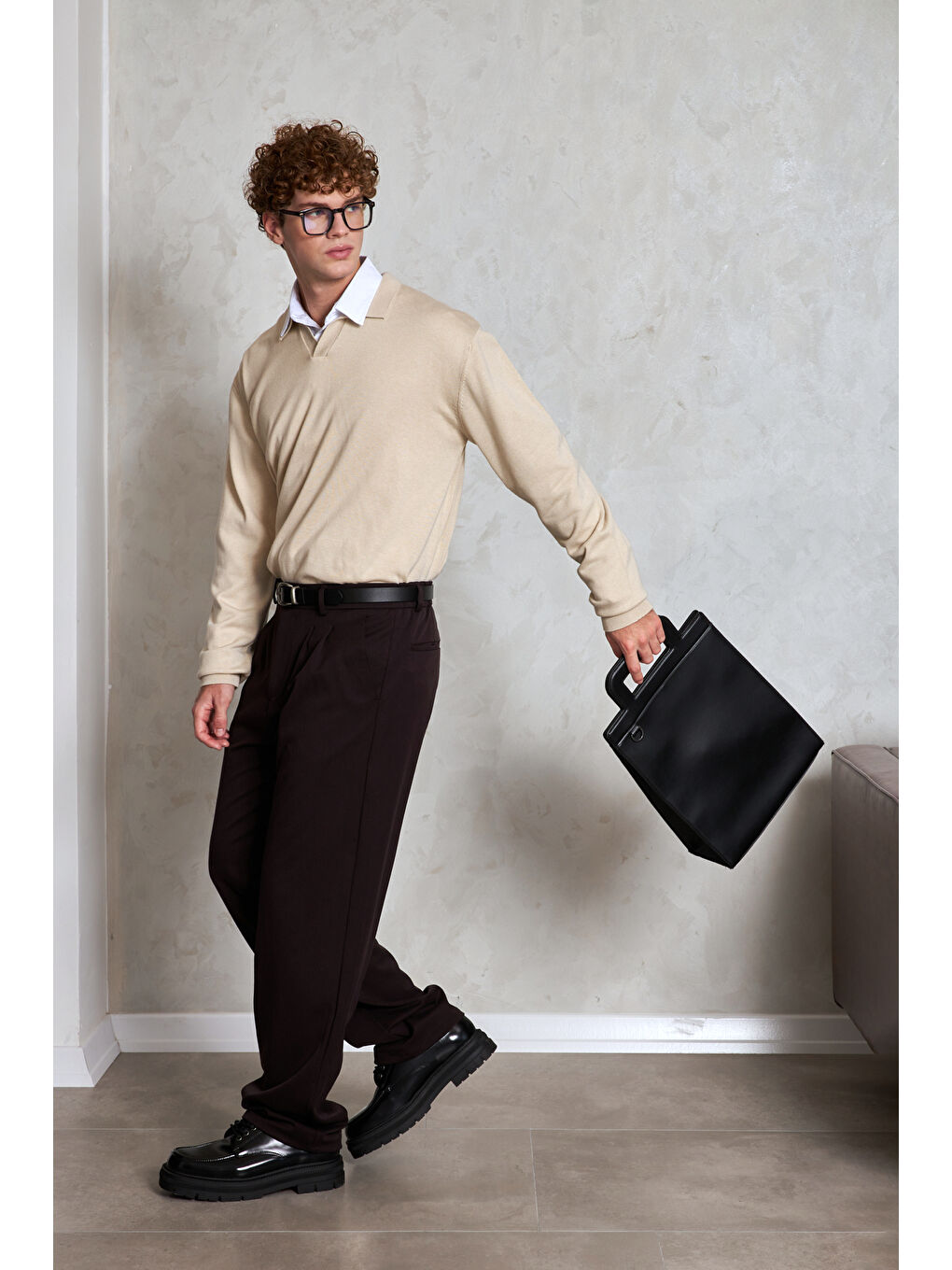 Ekru Erkek Pamuklu Polo Yaka Oversize Triko Kazak-3