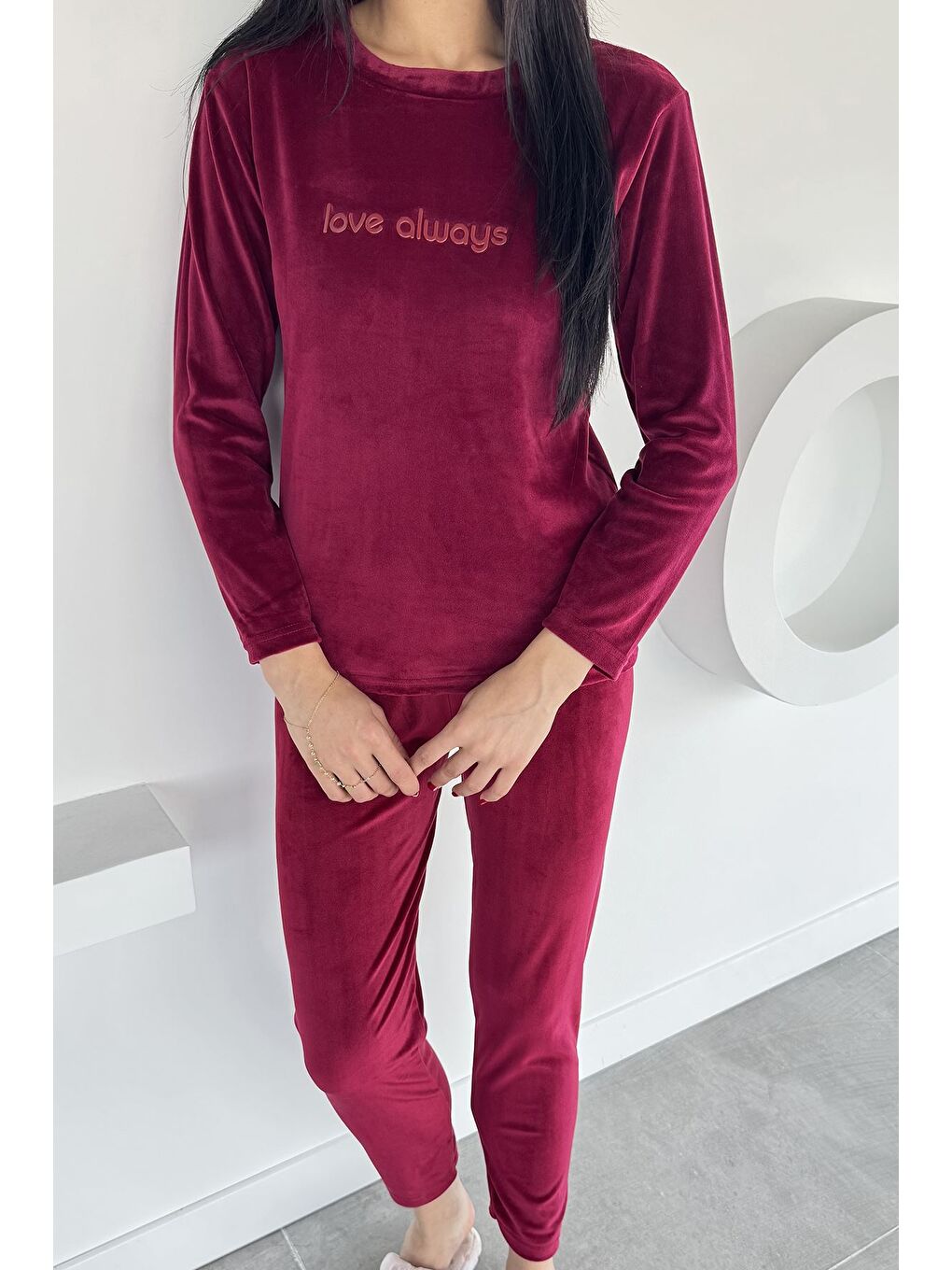 Bordo Kadın Baskılı Kadife Sweat Pantolon İkili Takım-1