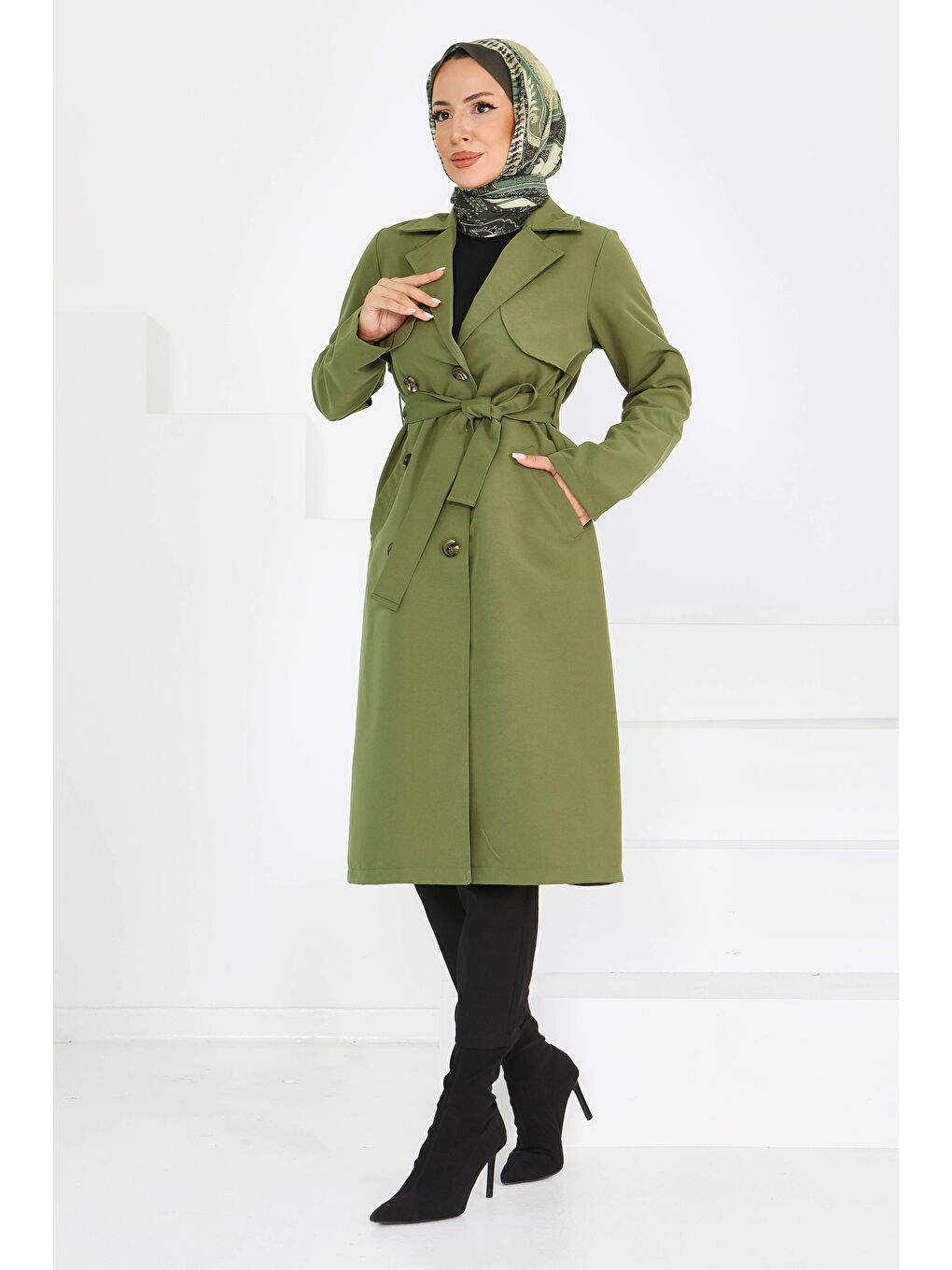 Düğmeli Kuşaklı Miranda Trençkot Haki - 27605-3