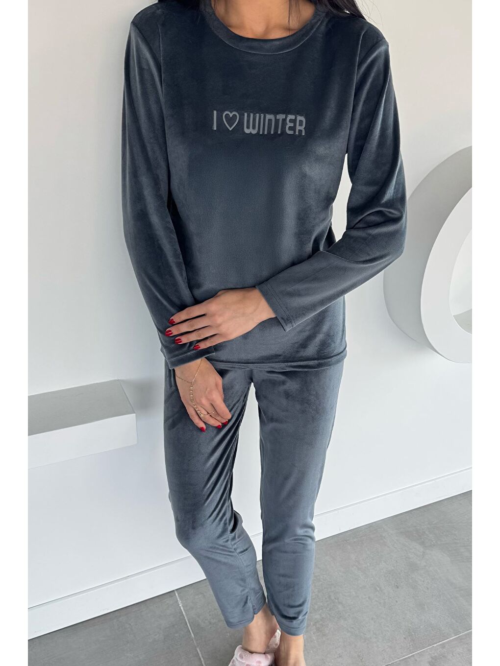 Gri Kadın Kadife Sweat Pantolon İkili Takım