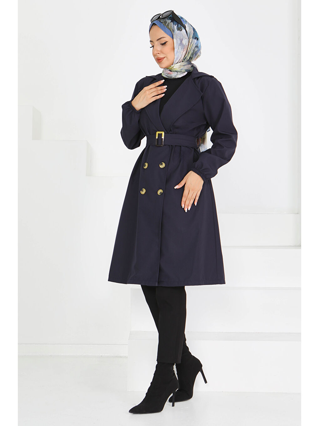 Düğmeli Kuşaklı Miranda Trençkot Lacivert - 27614-2