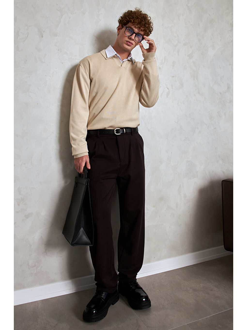 Ekru Erkek Pamuklu Polo Yaka Oversize Triko Kazak-4