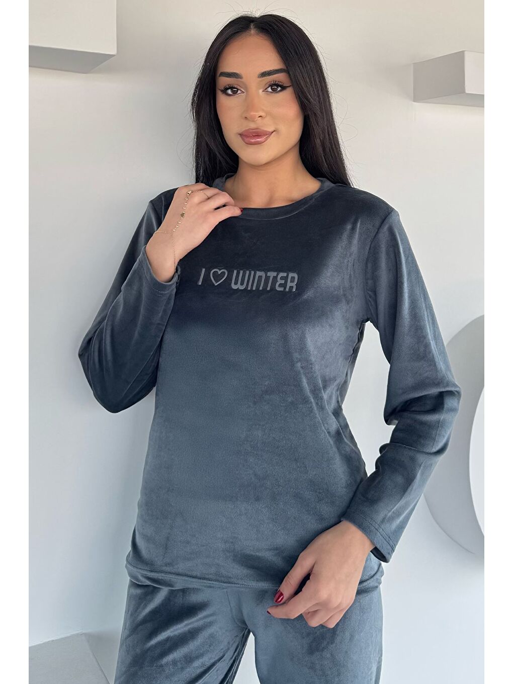 Gri Kadın Kadife Sweat Pantolon İkili Takım-1