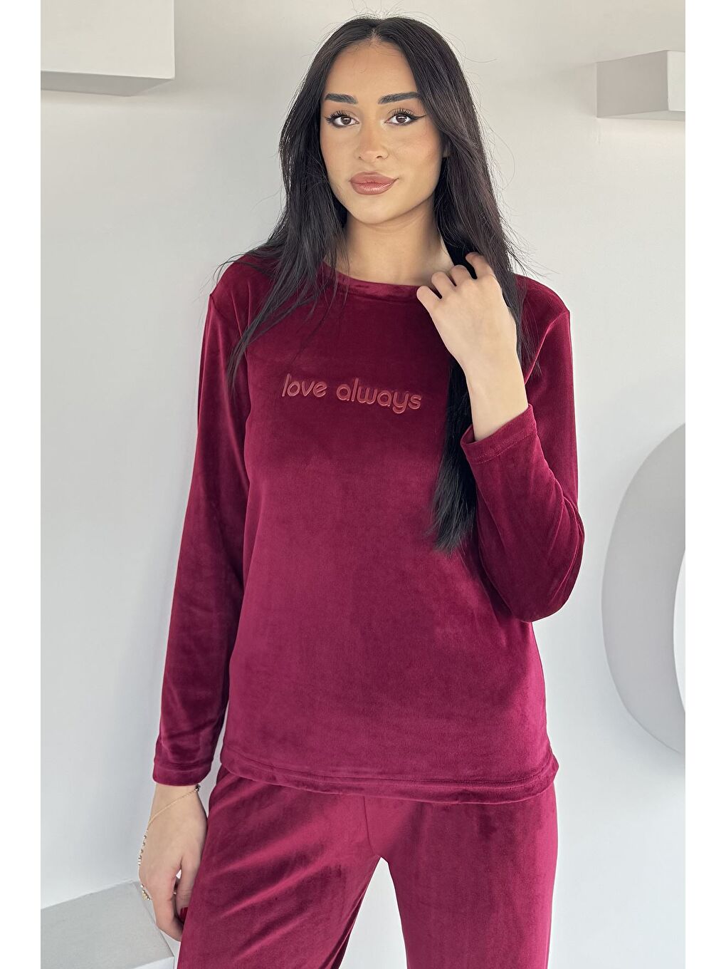 Bordo Kadın Baskılı Kadife Sweat Pantolon İkili Takım-2